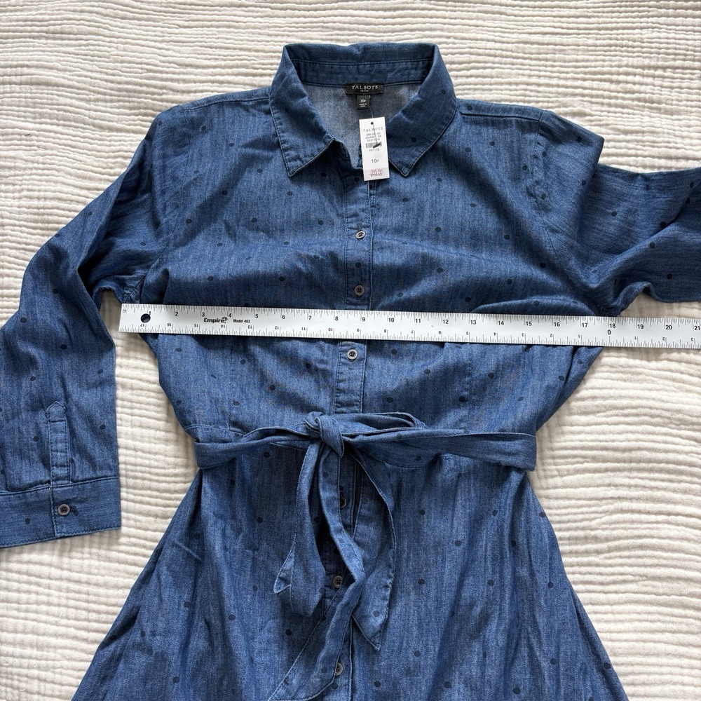 Talbots Denim Polka Dot Belted shirt dress Chambray button front midi blue‎ 10 P - Picture 8 of 10